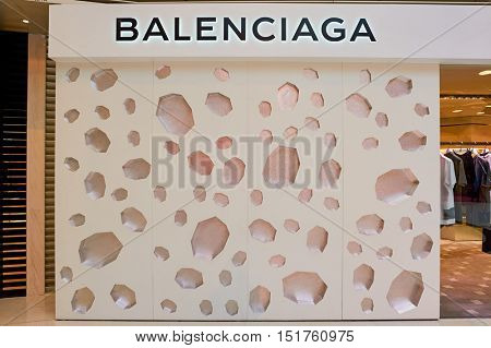HONG KONG - JANUARY 26, 2016: Balenciaga store at the Elements shopping mall. Elements is a large shopping mall located on 1 Austin Road West, Tsim Sha Tsui, Kowloon, Hong Kong