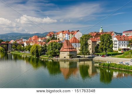 Maribor old town view and Drava river, Slovenia.