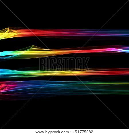 Set of abstract rainbow smoke fire brushes over black background. Wavy elegant collection elements for your design and art.