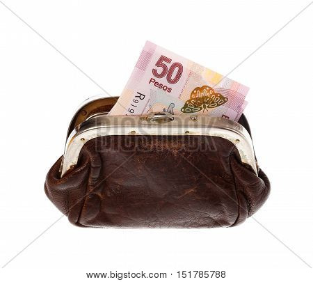 One fifty Mexican pesos banknote in a brown purse isolated on white background.