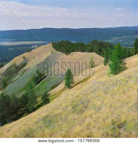 Not high relief mountain with trees and grass