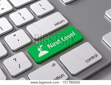 A keyboard with a green button Next Level