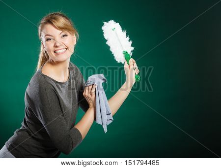 Cheerful Lady With Household Items.