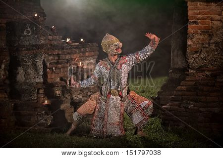 The pantomime (Khon) festival candles. Thai traditional dance of the Ramayana dance drama in Wat Mahaeyong in Ayutthaya, Thailand.