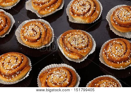 Cinnamon buns in tins of greaseproof paper on a baking tray.