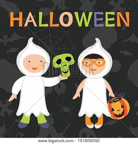 Trick or treat kids illustration. Boy and girl in ghost costumes. Vector format illustration
