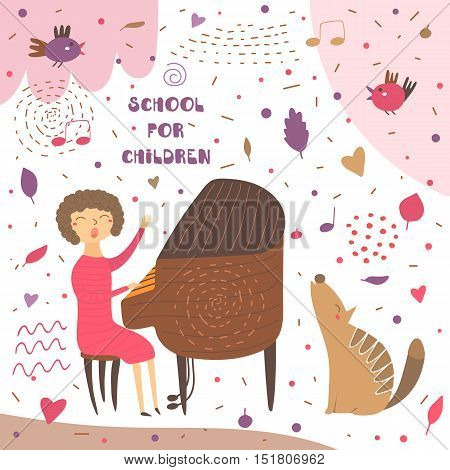 Cute hand drawn card postcard with music teacher playing piano.Woman sitting on chair and singing. Background for musical school classes education. Animals set including bird wolf