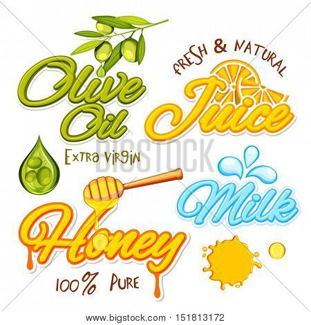 Creative typographic collection for Food and Drink concept, Olive Oil, Juice, Honey and Milk Sticker, Tag or Label design, Vector illustration.