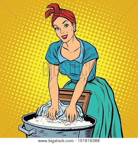 Retro woman laundress to wash clothes, pop art vector illustration. Dirty and clean. Homework