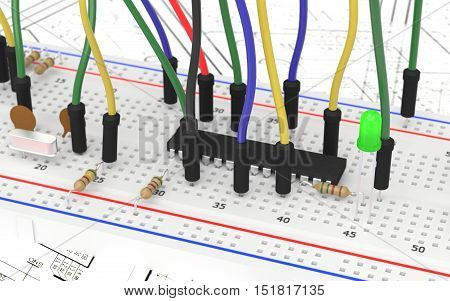 Prototyping electronic board with some components and wires. 3D rendering