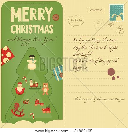 Vintage Postcard with Christmas and New Years Greeting. Backdrop of Postal Card for Winter Holiday. Decorated Christmas Tree. Vector Illustration.