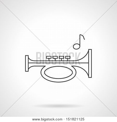 Trumpet pipe and single note. Bugle melody. Woodwind and brass musical instruments for orchestra, different music entertainment. Black flat line vector icon.