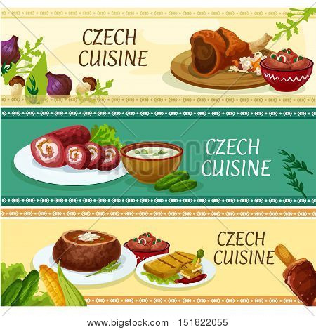 Czech cuisine traditional dishes banners with roast pork knee, pickled sausages, fried cheese, potato soup served in bread bowl, steak roll, cucumber soup and cake trdelnik. Restaurant menu design