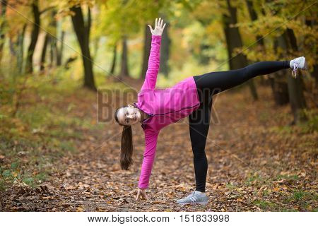 Sporty beautiful happy young woman practicing yoga, standing in Ardha Chandrasana posture, Half Moon Pose, working out outdoor on autumn day wearing sportswear sweatshirt. Side view portrait