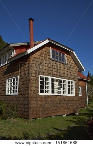 Wooden cabana on the edge of Lago Yelcho on the Carratera Austral in the Aysen Region of southern Chile.