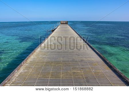 Infinity walkway pier. Wooden pier in Higgs Beach, a popular Key West beach in Florida. Infinity and freedom concept.