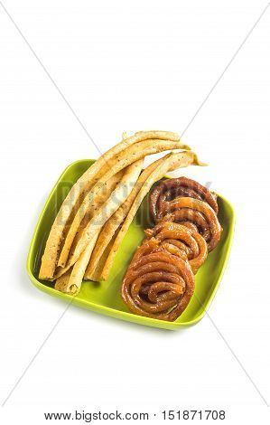 Indian Cuisine Fafda and Jalebi on white