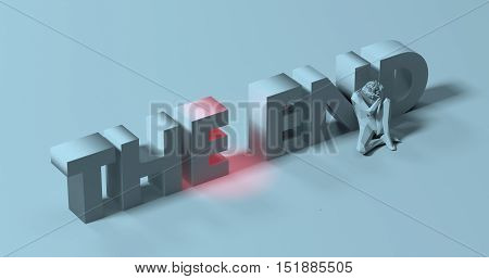 Sad depressed man low poly 3d render near The End lettering sign illustration