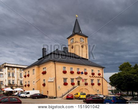 view of the town hall in Radkow, Poland, Europe