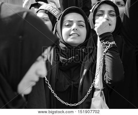 Istanbul Turkey - October 11 2016: Muslims worldwide marks Ashura Istanbul Shiite community. Caferis take part in a mourning procession marking the day of Ashura in Istanbul's Halkali region Turkey on October 11 2016. Caferi Muslims are observing the Ashu