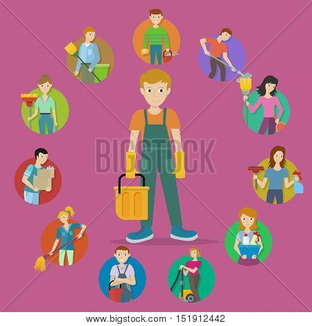 Cleaning service. Set of avatar userpics of male and female members of cleaning service staff with equipment. Workers of cleaning company. Housekeeping banner. Office and hotel cleaning. Vector