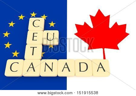 Letter Tiles: CETA EU Canada With Canadian And EU Flag 3d illustration