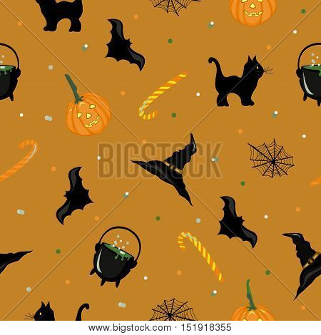 halloween pattern orange background pumpkin, cat, bat,hat, boiler