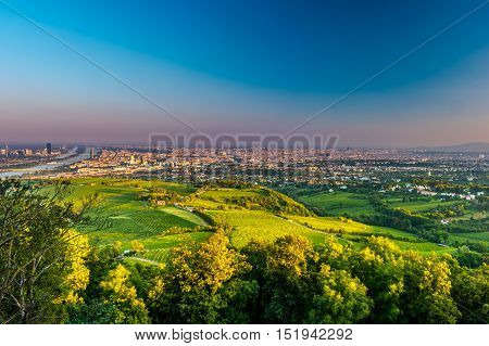 Beautiful view of skyline of Vienna and Danube River with green trees of Doebling district, Austria. Travel photo of the landmark.