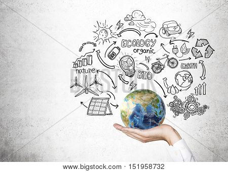 Close up of man's hand holding globe surrounded by sketches of renewable energy sources on concrete wall. Concept of being responsible. Mock up.