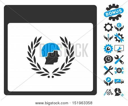 Soldier Laurel Wreath Calendar Page icon with bonus configuration graphic icons. Vector illustration style is flat iconic symbols, blue and gray, white background.