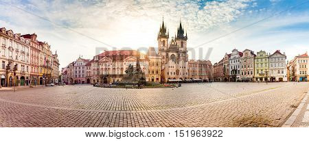 Kostel Panny Marie pred Tynem at the sunrise. Church of the Virgin Mary. Beautiful Old Town Square with the church without people in Romanesque - Gothic style.