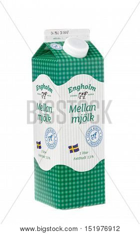 Stockholm, Sweden - April 30, 2016: One carton milk box containing 1 l milk branded Engholm isolated on white sold in the Netto stores on the Swedish market.