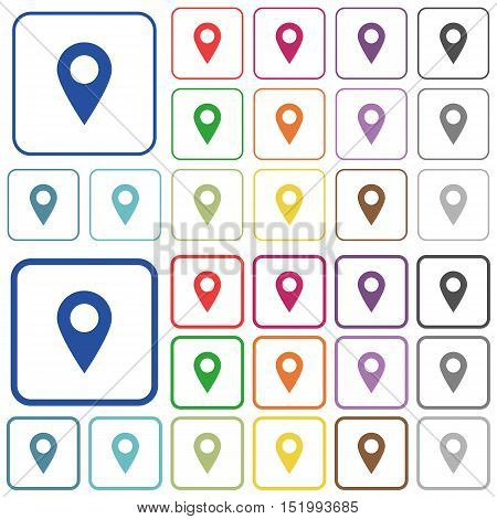 Set of location pin flat rounded square framed color icons on white background. Thin and thick versions included.