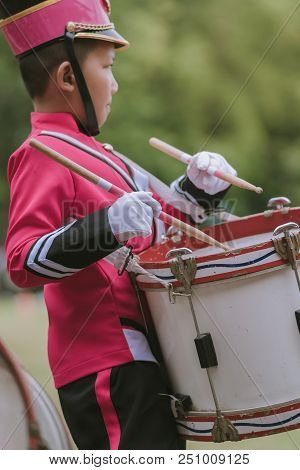 Kanchanaburi Thailand - July 18 :   Thai School Marching Band On Street, In Athletic Game Opening Da