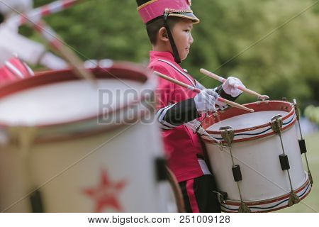Kanchanaburi Thailand - July 18 :   Thai School Marching Band On Street, In Athletic Game Opening Da