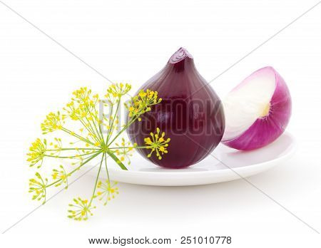 Purple Onions, Dill On A White Plate, Isolated On A White Background.