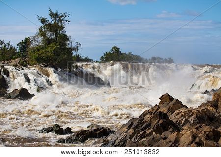 Konpapeng Water Falls Or Mekong River In Champasak Southern Of Laos Beatiful Natural Land Mark And D