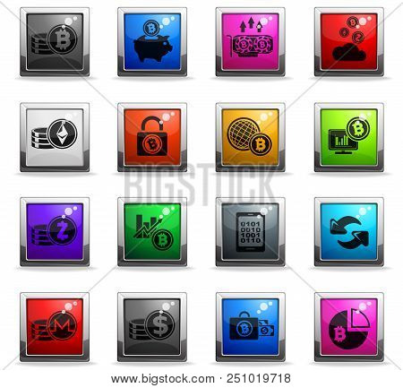 Bitcoin And Cryptocurrency Icons In Square Colored Buttons