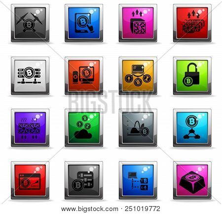 Cryptocurrency And Mining Icons In Square Colored Buttons