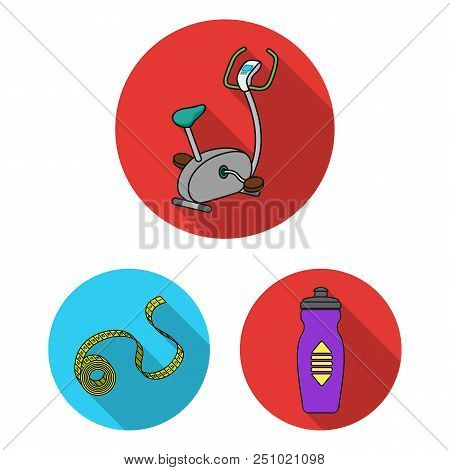 Fitness And Attributes Flat Icons In Set Collection For Design. Fitness Equipment Vector Symbol Stoc