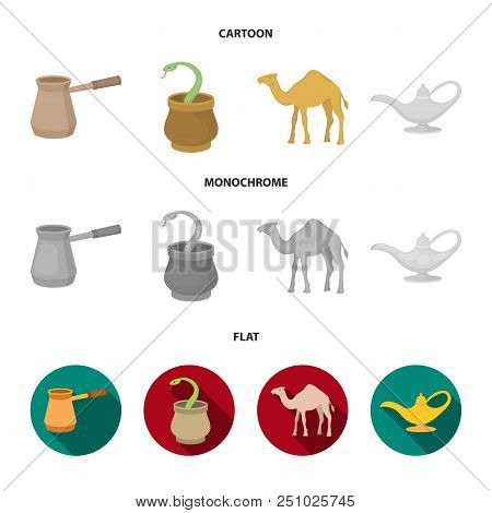 Cezve, Oil Lamp, Camel, Snake In The Basket.arab Emirates Set Collection Icons In Cartoon, Flat, Mon