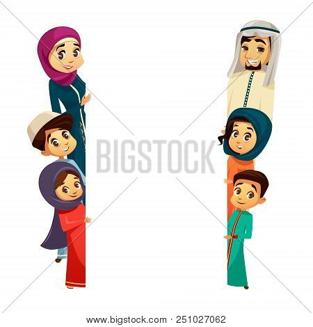 Cartoon Arab Khaliji Family Characters Peeping From Behind Empty Blank Space White Paper Muslim Post