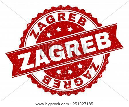 Zagreb Seal Print With Corroded Texture. Rubber Seal Imitation Has Round Medal Form And Contains Rib