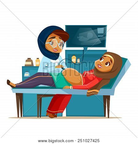 Cartoon Arab Ultrasound Pregnancy Screening Concept. Muslim Khaliji Doctor Woman Medical Uniform Hij
