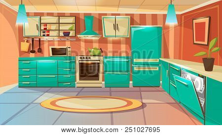 Modern Kitchen Interior Background Template. Cartoon Dinner Room Illustration With Furniture Kitchen