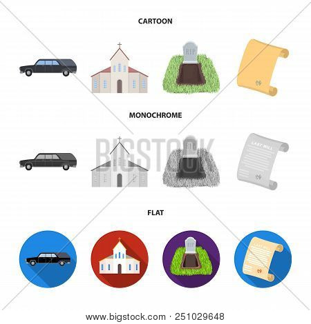 Black Cadillac To Transport The Grave Of The Deceased, A Church For A Funeral Ceremony, A Grave With