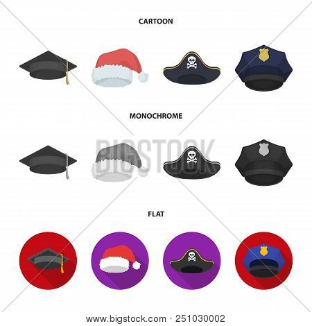 Graduate, Santa, Police, Pirate. Hats Set Collection Icons In Cartoon, Flat, Monochrome Style Vector