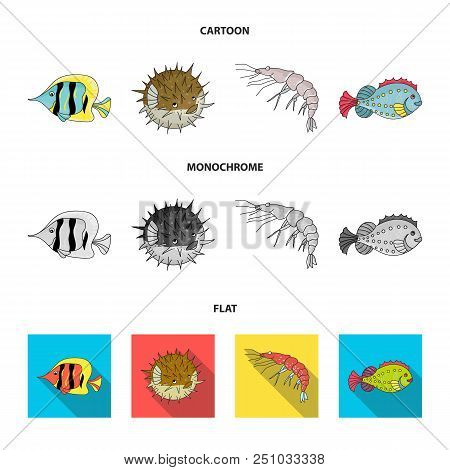 Shrimp, Fish, Hedgehog And Other Species.sea Animals Set Collection Icons In Cartoon, Flat, Monochro