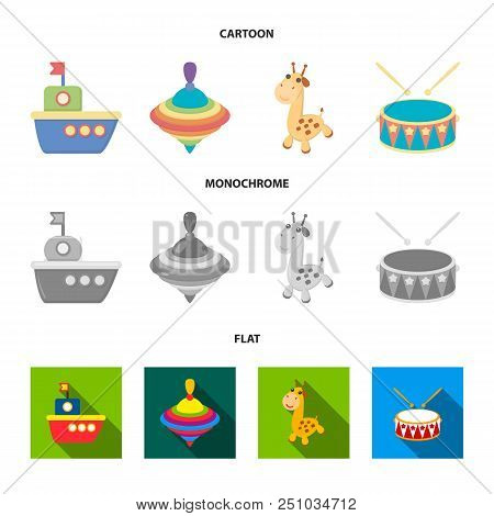 Ship, Yule, Giraffe, Drum.toys Set Collection Icons In Cartoon, Flat, Monochrome Style Vector Symbol