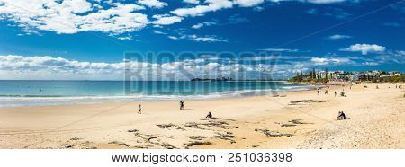 MOOLOOLABA, AUSTRALIA, JUL 22 2018: People enjoying summer at Mooloolaba beach - a famous tourist destination in Queensland, Australia.